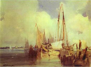 Richard Parkes Bonington : French River Scene with Fishing Boats